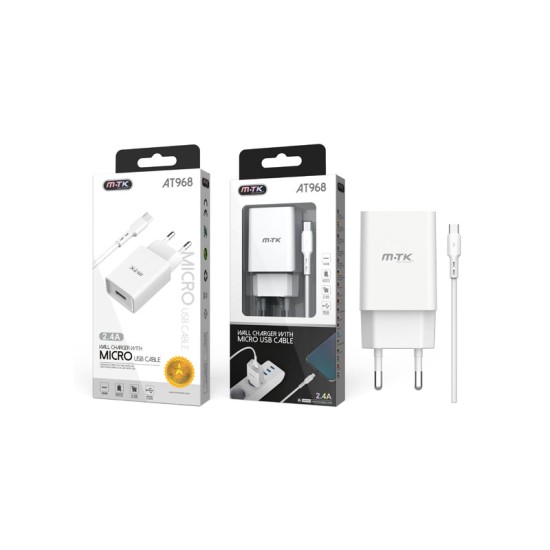 CHARGING ADAPTER WITH MICRO CABLE 2.4A MTK WHITE